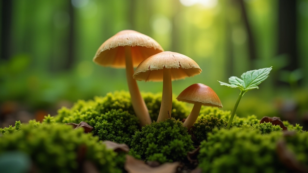 Medžio lapai ir šakos iš arčiau, biologinės detales, gėlės ir grybiukai, šviesa pro lapus