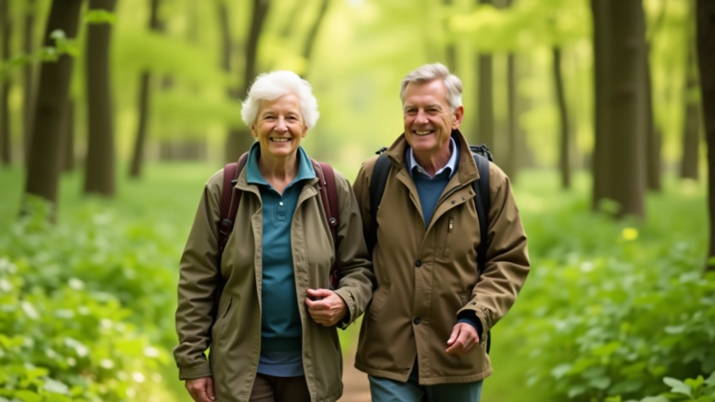 Senioras ir seniorė žygiaudami Šventosios girijoje, saulėtą pavasario dieną