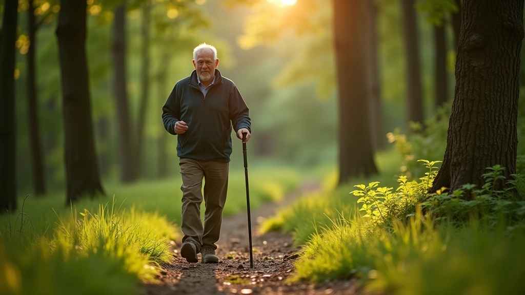 Senioras su lazda švelniame šlaite miške, saugi ir patogi kelionė